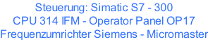Steuerung: Simatic S7 - 300 CPU 314 IFM - Operator Panel OP17 Frequenzumrichter Siemens - Micromaster